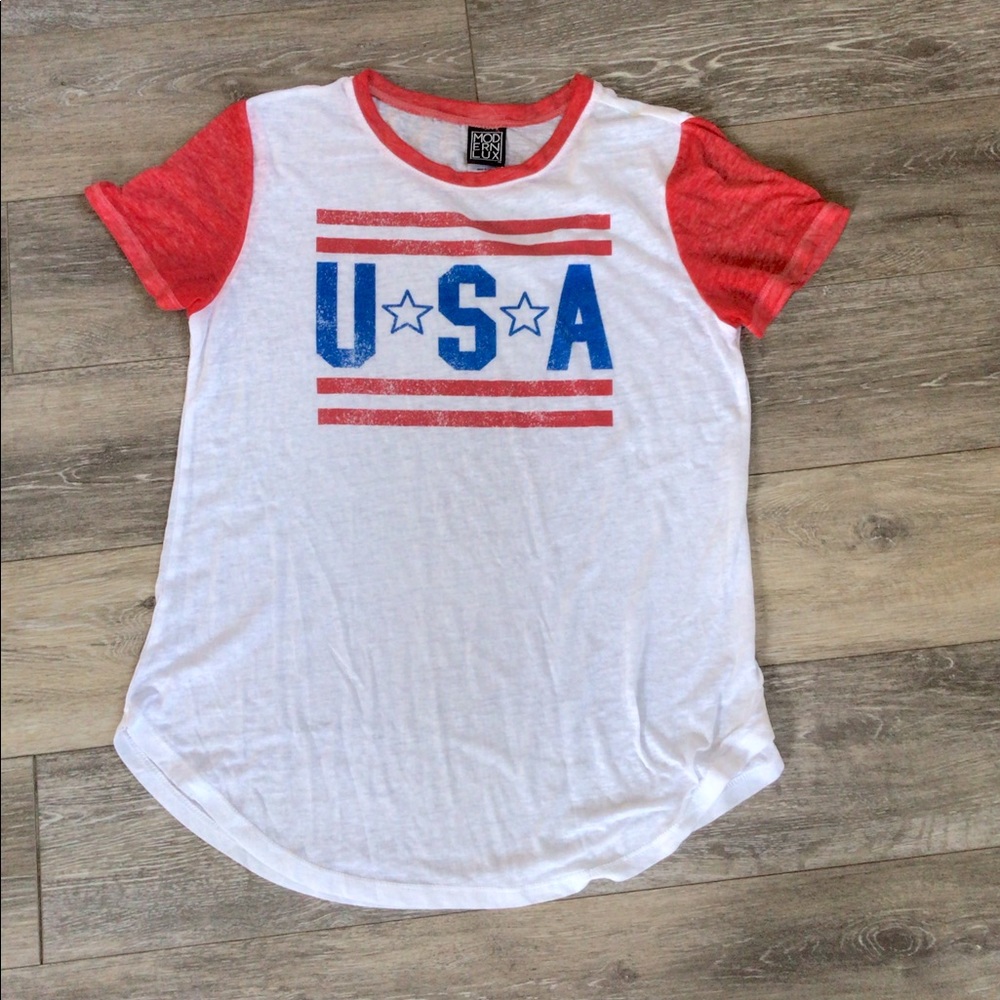 White medium ladies t-shirt with Red & Blue USA Shirt